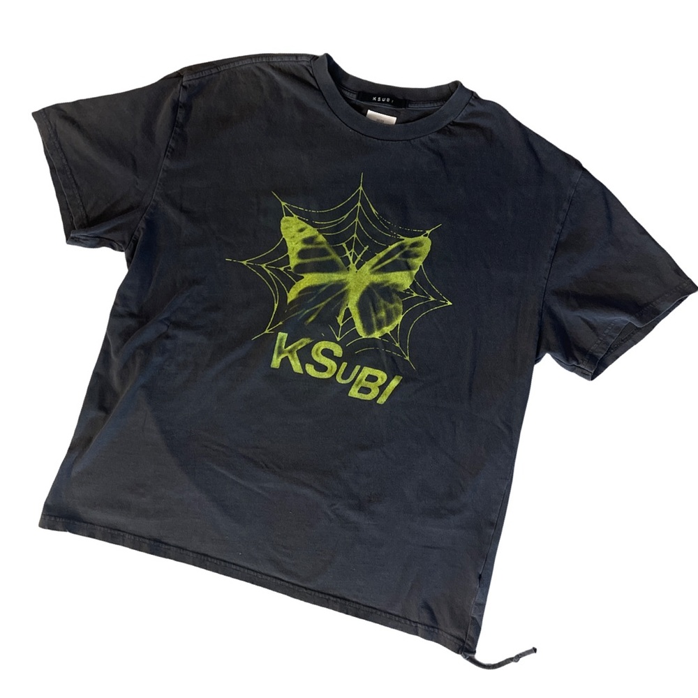Ksubi Mens Black T-Shirt with Neon Green Butterfly Design